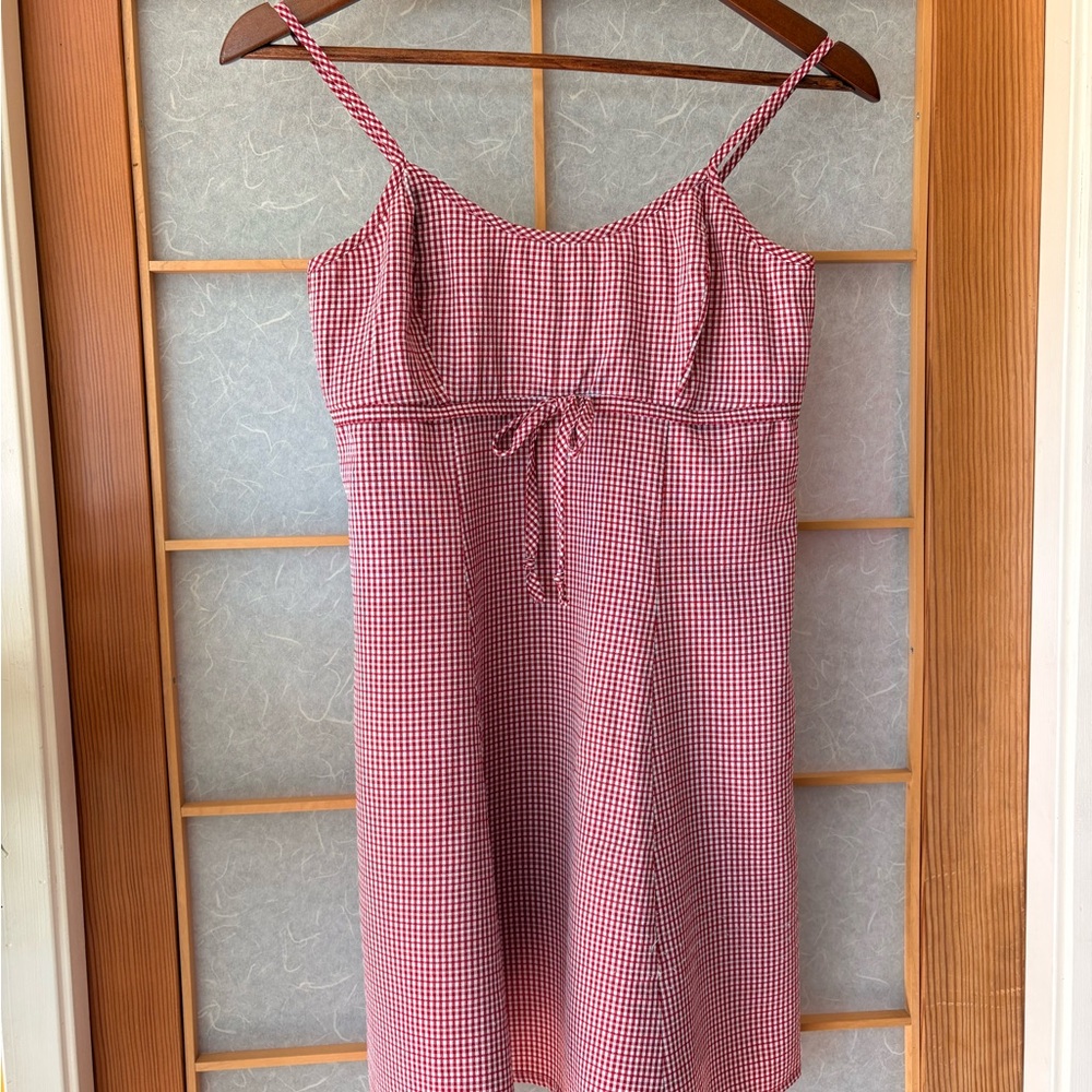 Red Gingham Spaghetti Strap Dress with Front Tie